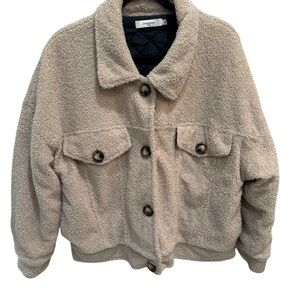 Daphnea Paris Teddy Fur Trucker Jacket Womens Large Beige Fuzzy Soft Sherpa